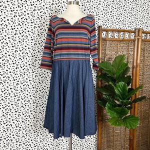 eShakti | Striped Colorful Chambray Blue Fit Flare 3/4 Sleeve Plus Size Dress 1X